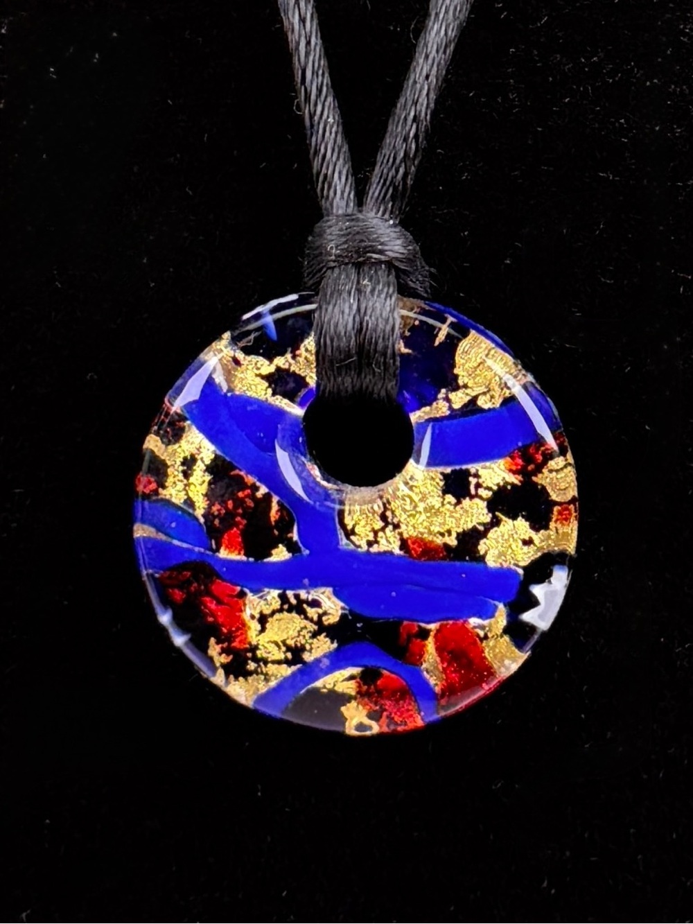 Murano Vetro di Murano Italy Art Glass Pi Disc Pendant Necklace Blue Gold